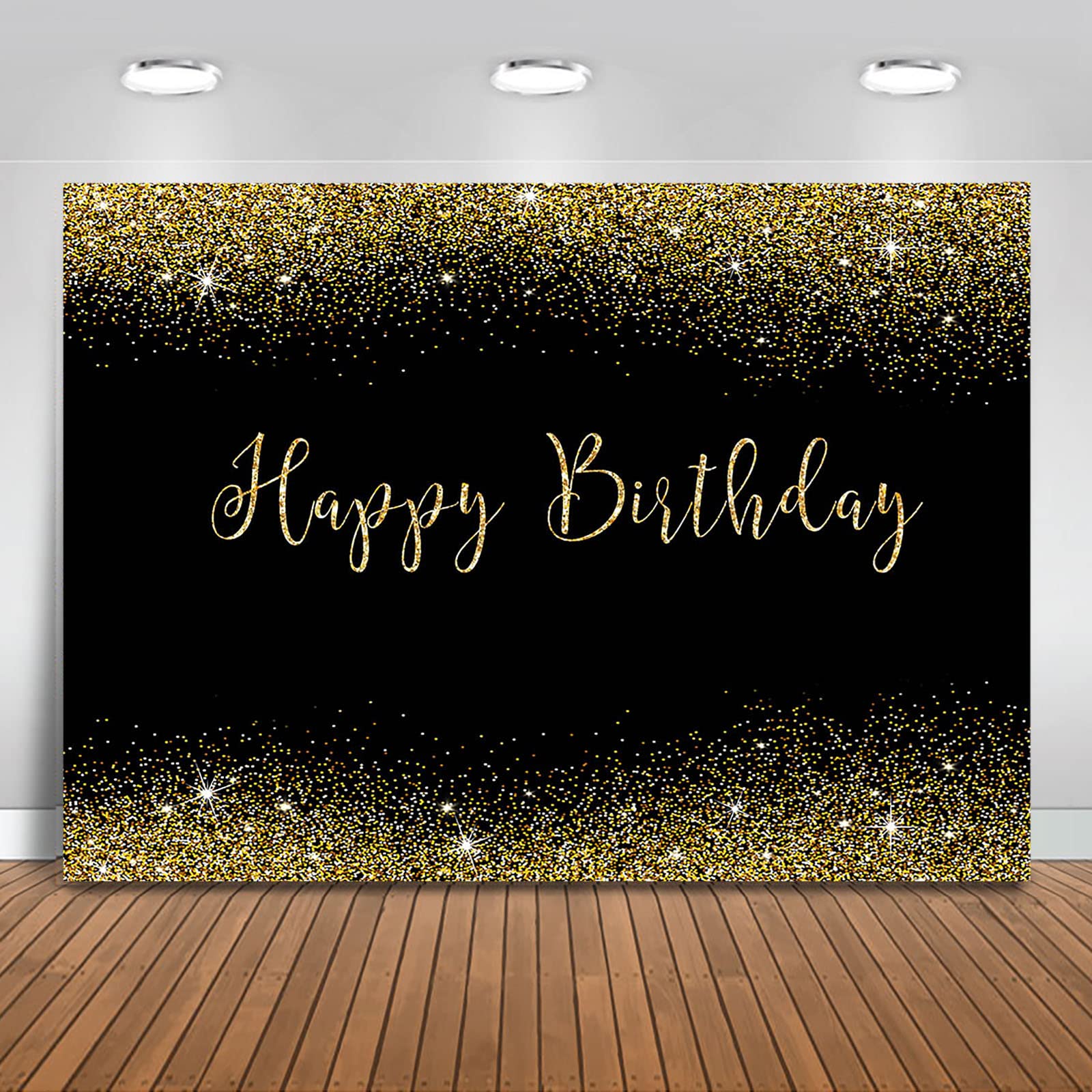Gold & Black Glitter Happy Birthday Backdrop - 8x6ft Photography Background for Adult Parties, Sweet 16 Celebrations & Birthday Decorations | Perfect for Party Photo Booths, Event Decor & Social Media Photos