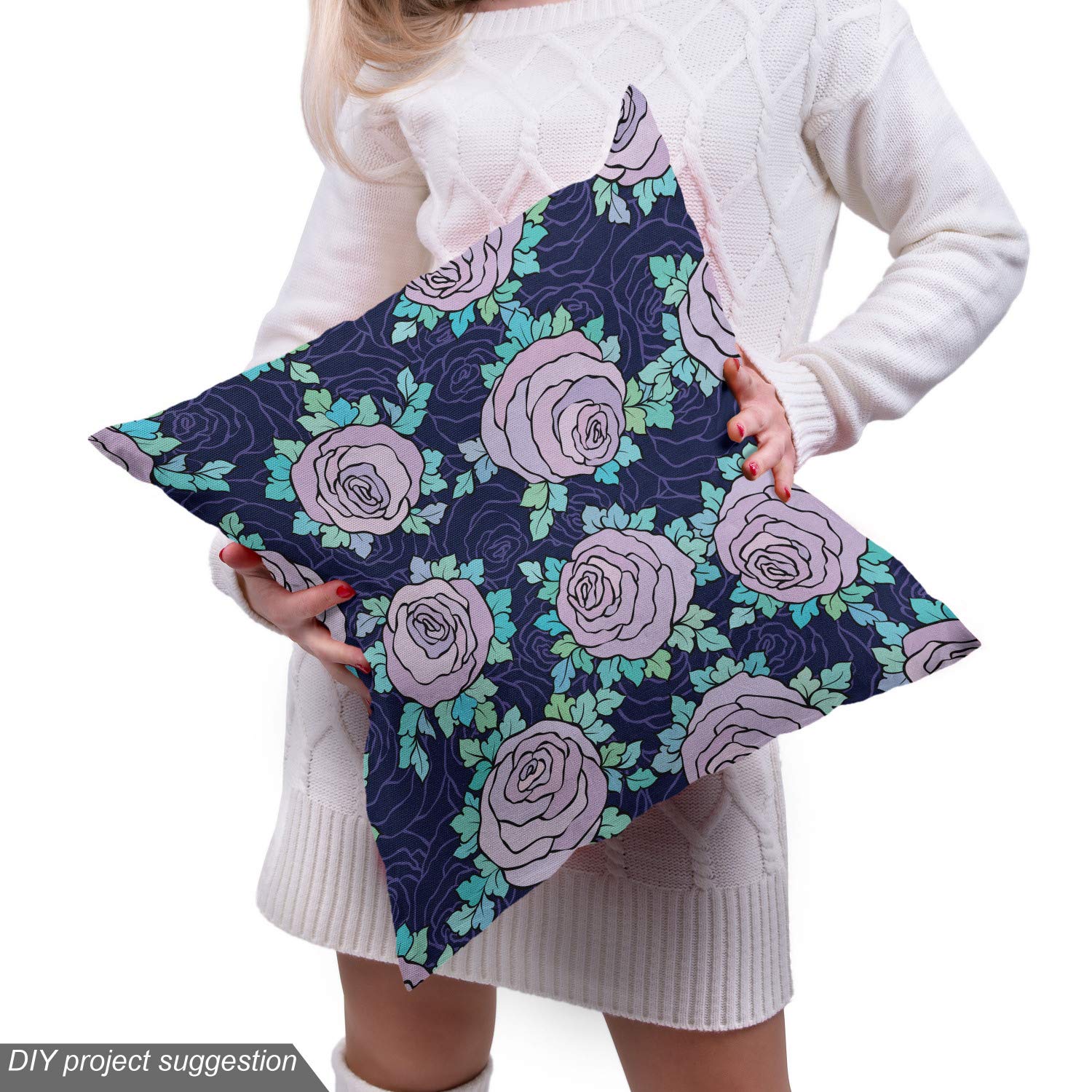 Ambesonne Rose Fabric by The Yard - Romantic Rose Flower Blossoms with Blue Leaves Design, Decorative Upholstery Fabric for Sofa, Curtains & Home Decor (10 Yards, Indigo Aqua Lilac) - Perfect for DIY Projects, Bedding & Crafting