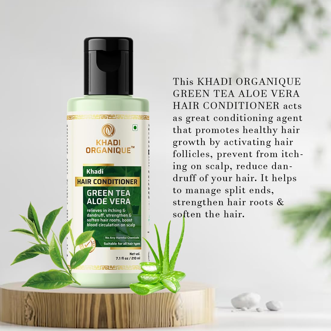 Organic Green Tea & Aloe Vera Hair Conditioner - Softens Hair Roots, Controls Dandruff - Paraben Free, Sulfate Free, SLS Free - 210ml - Perfect for Dry, Damaged Hair & Scalp Care