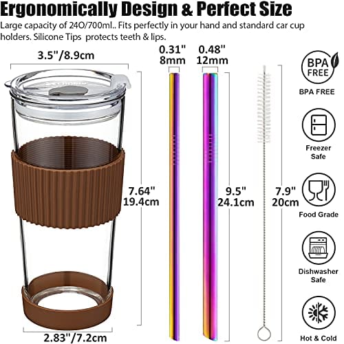 24Oz Reusable Glass Boba Tea Cup with Lids & 2 Angled Straws - Leakproof Travel Tumbler with Silicone Sleeve for Bubble Tea, Smoothies, Coffee & Juice - Perfect Christmas Gift for Tea Lovers & Office/Home Use