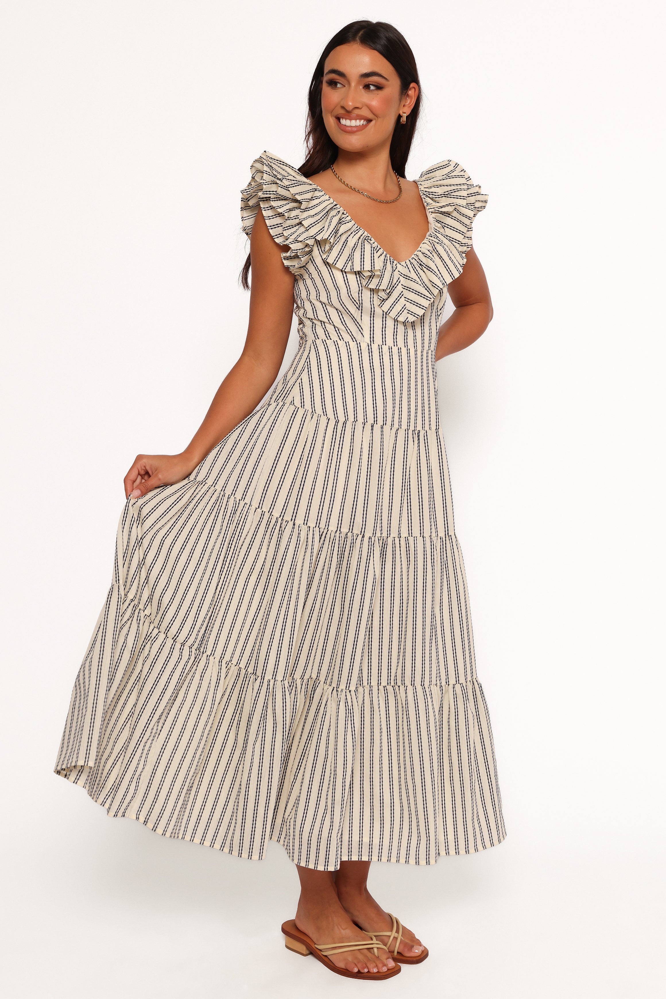 Bobbie Midi Dress - Neutral Stripe Flowy Summer Dress for Women | Perfect for Beach Vacations, Brunch Dates & Casual Outings