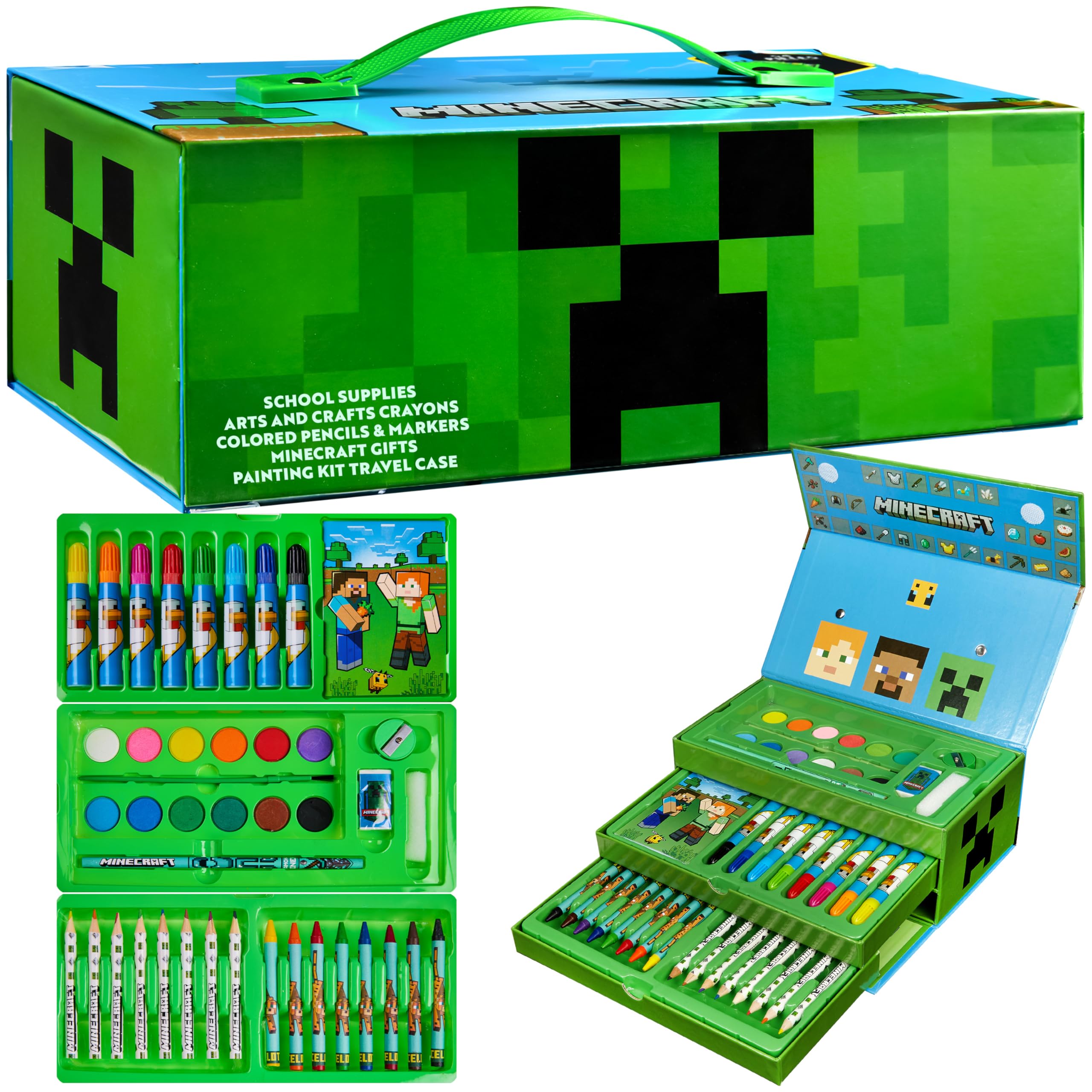 Minecraft Art Supplies Set - 48 Colored Pencils, Watercolor Paints & Markers for Drawing | Premium Coloring Kit with Storage Case | Perfect Gamer Gift for Boys & Girls | Great for School Projects, Birthday Presents & Creative Play