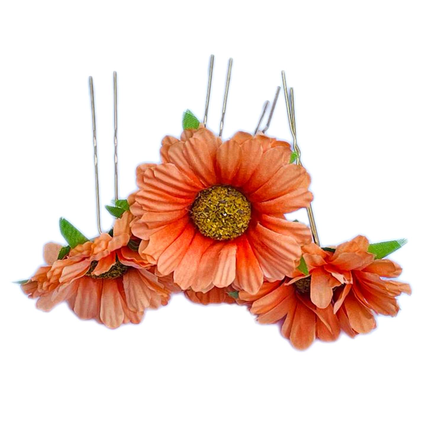 Sunflower Hair Pins for Women & Girls – 4-Pack Orange Floral Hair Clips for Styling, Bun Decoration & Bridal Accessories – Perfect for Weddings, Parties & Everyday Wear