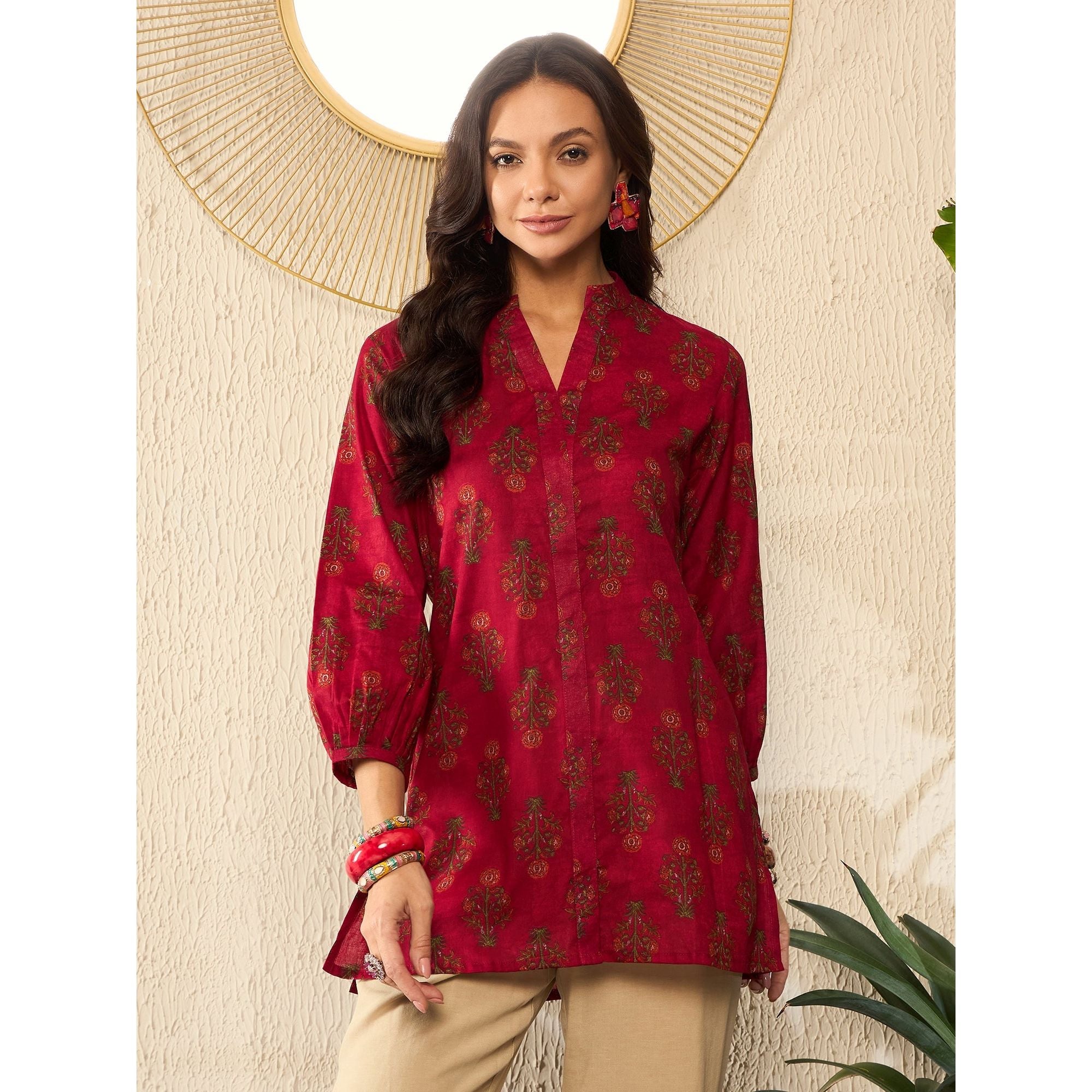 Stylish Maroon Cotton Blend Floral Printed Indian Kurti Tunic Top for Women | Comfortable & Trendy Ethnic Wear for Casual Outings, Festivals & Parties