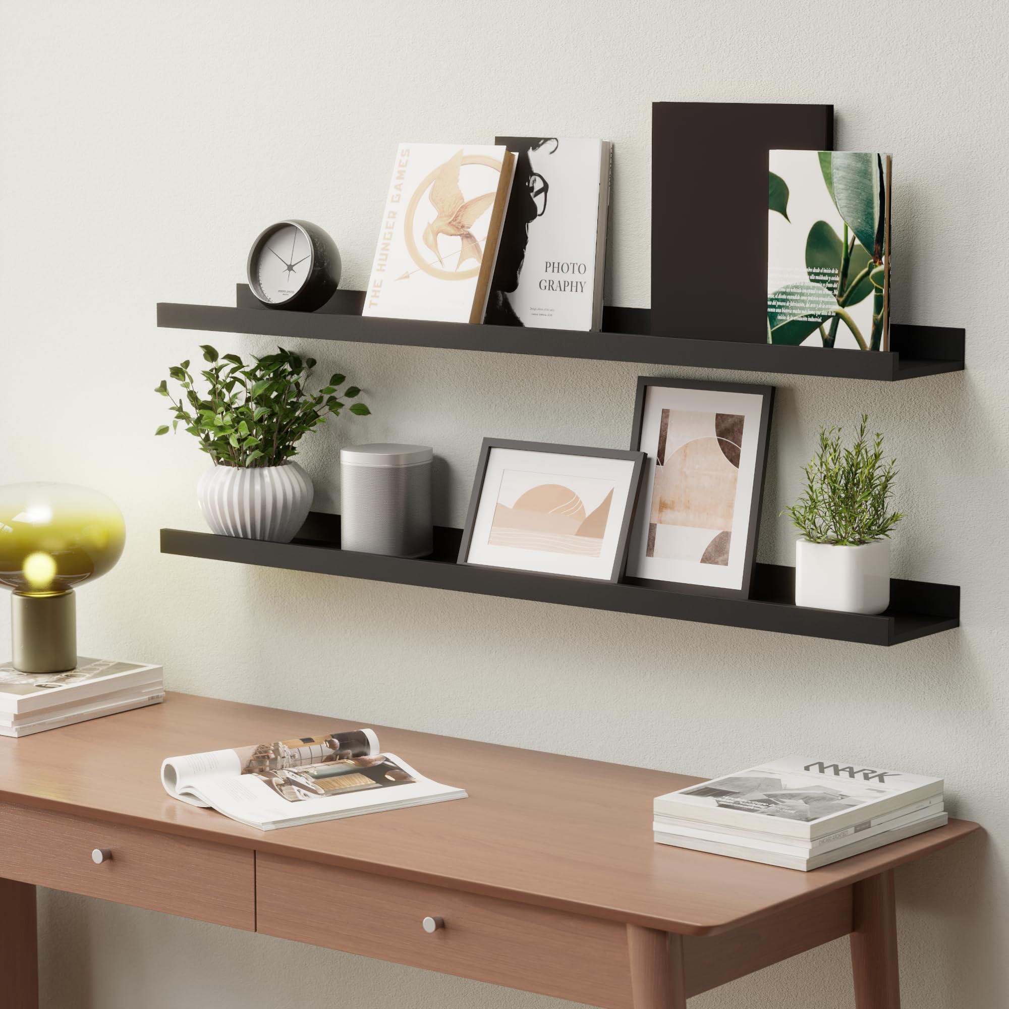 35.4 Inch Floating Shelves Set of 2 - Modern Black Wall Mounted Shelves with Lip for Bedroom, Living Room, Bathroom & Kitchen Decor - Perfect for Books, Photos, Plants & Home Organization (Black)