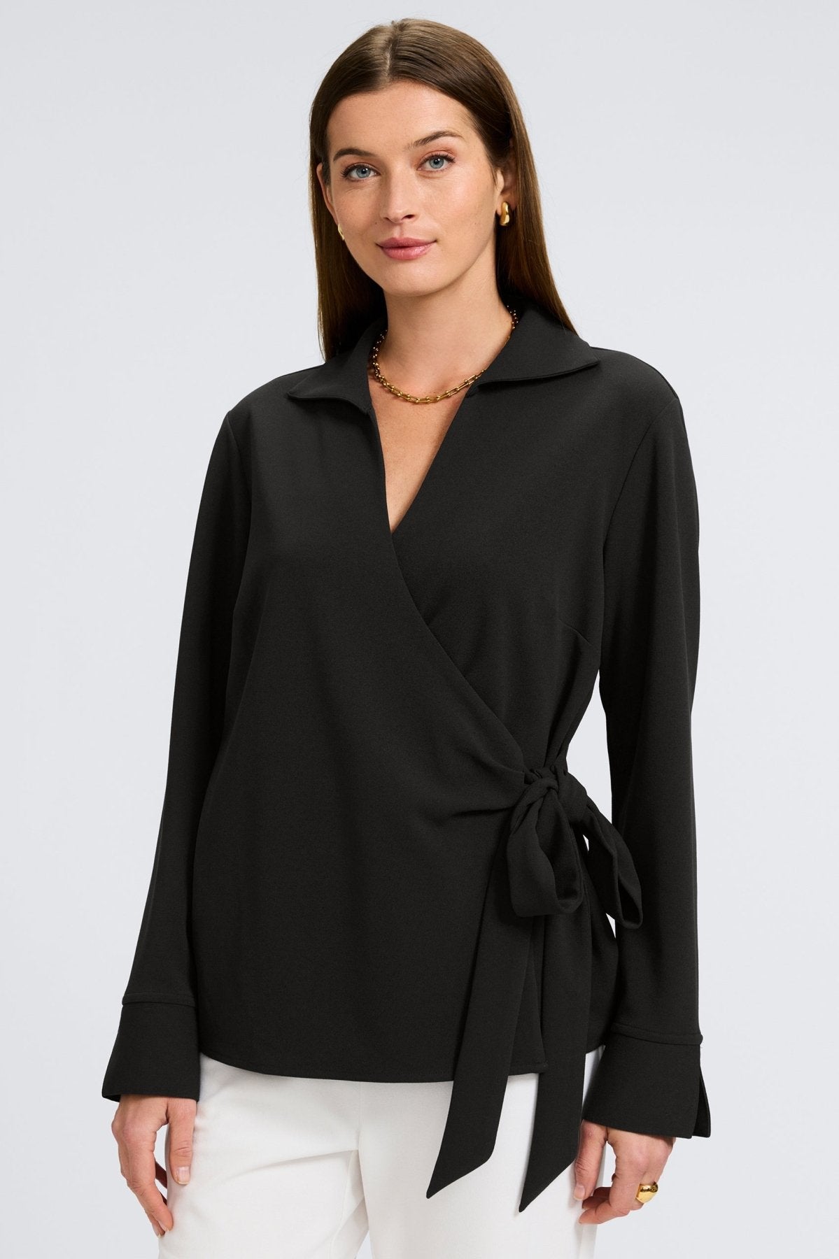 Rosie Knit Crepe Wrap Long Sleeve Shirt for Women - Soft Stretchy Comfortable Blouse - Perfect for Office Work, Date Night & Casual Outfits