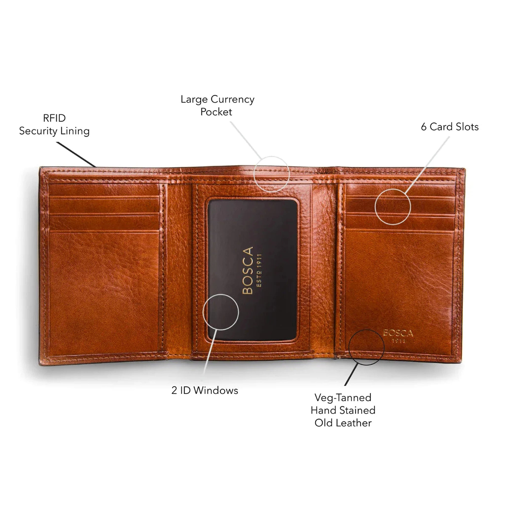 Bosca Genuine Leather Double ID Trifold Wallet for Men - Classic RFID Blocking Slim Bifold Wallet for Everyday Use & Travel