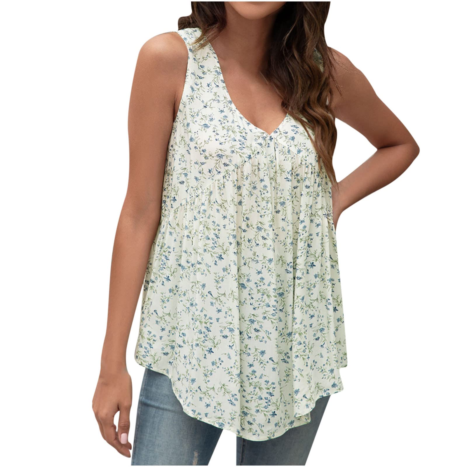 Women's Floral V-Neck Sleeveless Tank Top - Summer Casual Loose Tunic Blouse with Cute Print | Perfect for Beach Outings, Vacation Wear & Everyday Fashion
