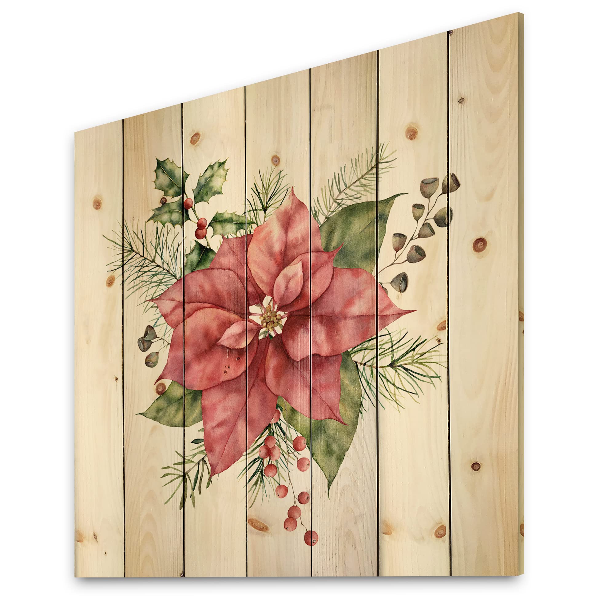Holly Mistletoe Christmas Wood Wall Decor - Red Floral Pine Art for Holiday Home Decor