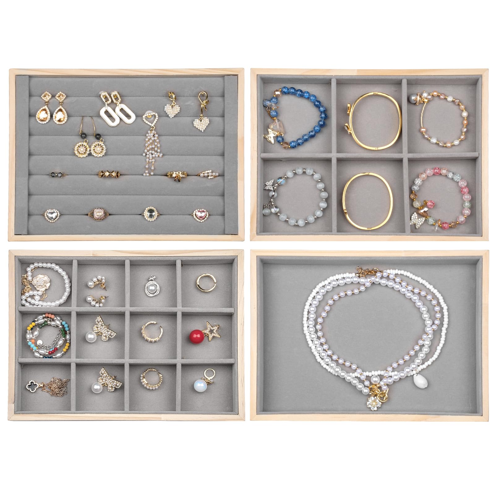Stackable Wooden Jewelry Tray Organizer Set of 4 - Drawer Inserts Jewelry Storage Box with Removable Dividers for Earrings, Necklaces, Rings & Bracelets - Perfect for Bedroom Vanity, Closet Organization & Travel Jewelry Case (Grey)