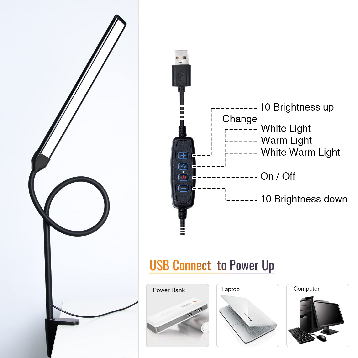 LED Desk Lamp with Clamp - Adjustable Gooseneck Clamp Light, 11W 850 Lumens, 3 Color Modes & 10 Brightness Levels, Eye-Caring Clip-On Desk Lamp for Reading, Studying, Home Office, Dorm Room, and Workspace