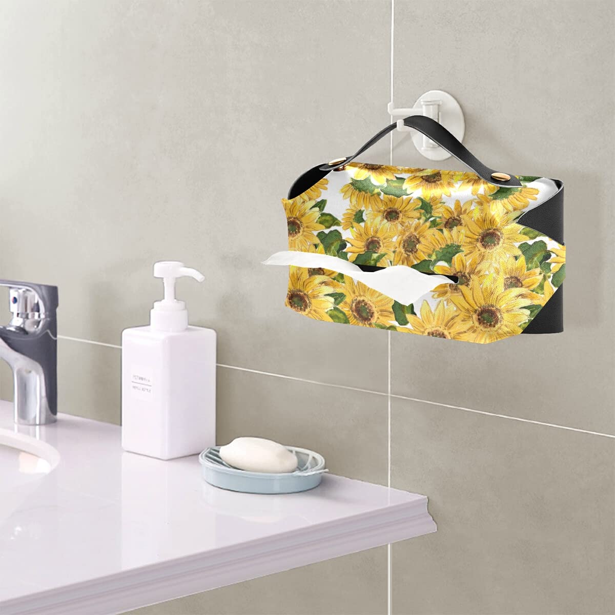 Premium PU Leather Sunflower Tissue Box Cover - Rectangle Hanging Tissue Dispenser for Countertops, Nightstands & Bathrooms | Home & Office Decor