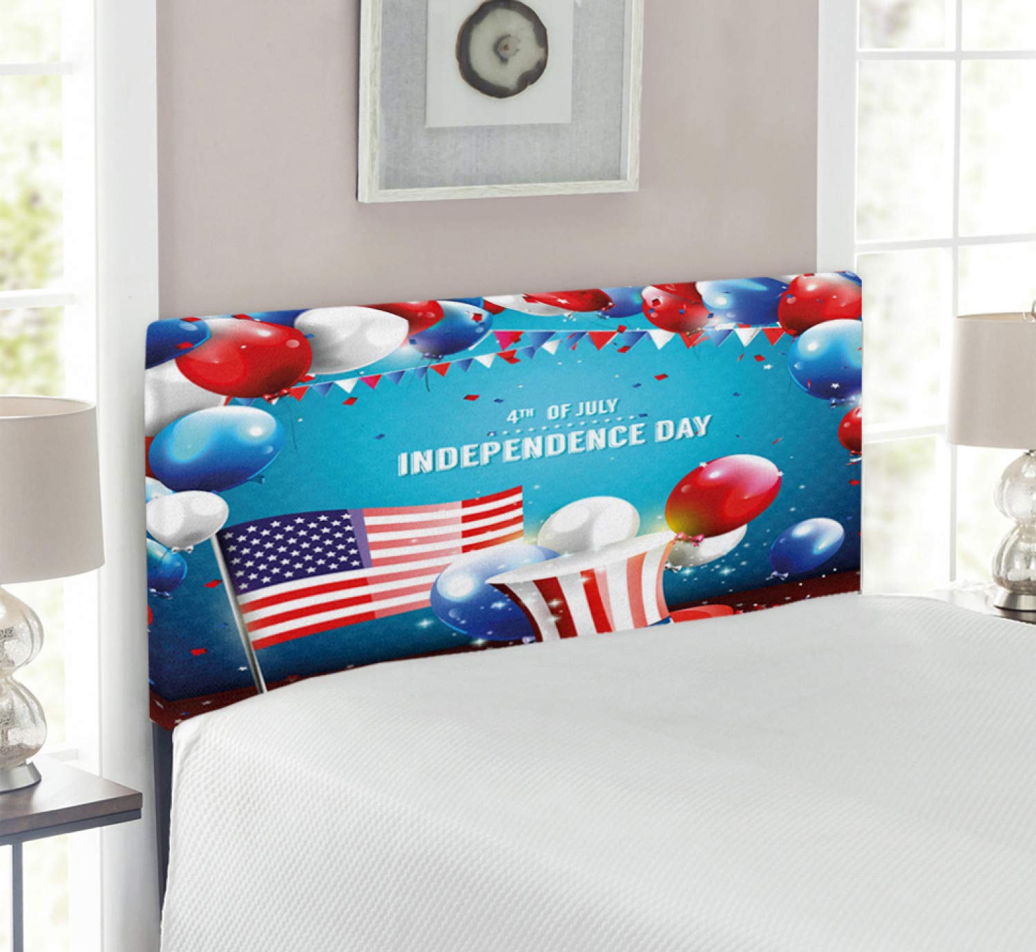 Ambesonne 4th of July Twin Size Headboard - Patriotic Uncle Sam Hat Flag & Balloons Design, Upholstered Decorative Metal Bed Frame with Memory Foam in Blue, Red & Pearl - Perfect for Independence Day Bedroom Decor & American Themed Room Makeover