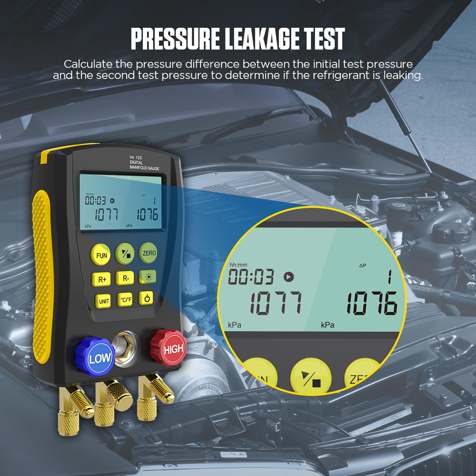 QPKING Digital Manifold Gauge Set - HVAC Refrigeration Pressure Temperature Tester with 3 Hoses & Built-in 89 Database - Professional LM120 Leak Detection Kit for AC Repair, Refrigerant Charging and HVAC System Maintenance