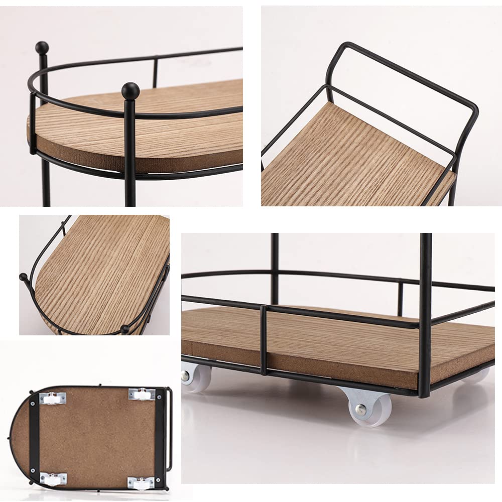 Two-Tier Matte Black Metal Wire and Wood Coffee Bar Cart - Mini Rolling Utility Cart with Tiered Tray - Coffee Bar Organizer, Kitchen Shelf, Farmhouse Decor - Perfect for Small Spaces, Home Office, and Entertaining Guests