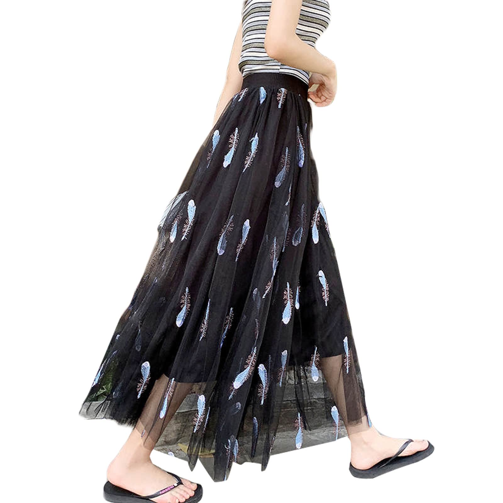 Women's Summer Tulle Long Skirt - High Waist Feather Embroidery A-Line Skirt for Women | Elegant Ankle Length Skirt for Weddings, Parties & Special Occasions