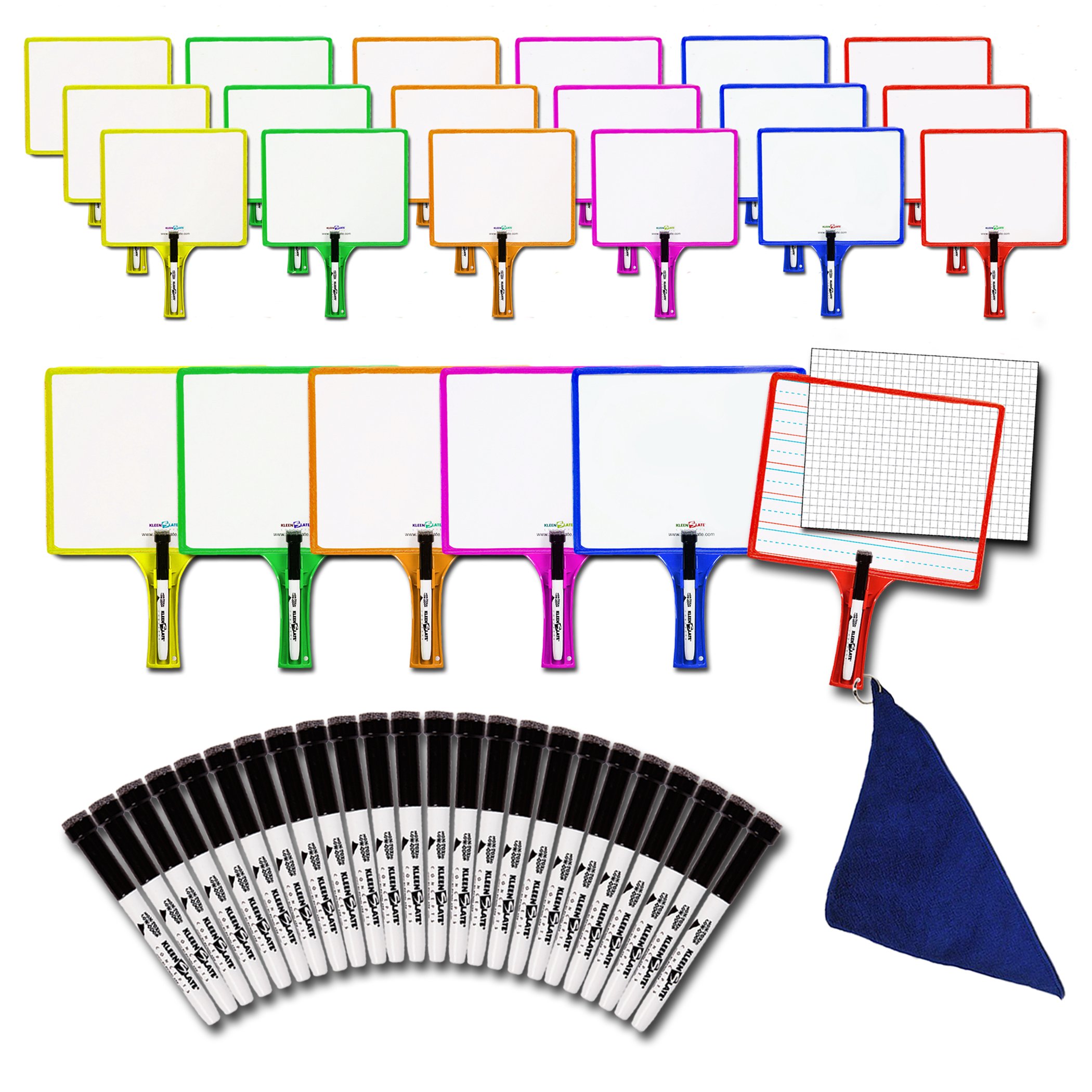 24-Pack KleenSlate Double-Sided Customizable Whiteboard with Clear Dry Erase Sleeve - Includes 24 Microfiber Cloths, Bookbinder Rings & Markers for Classroom, Office & Homeschool Learning Activities