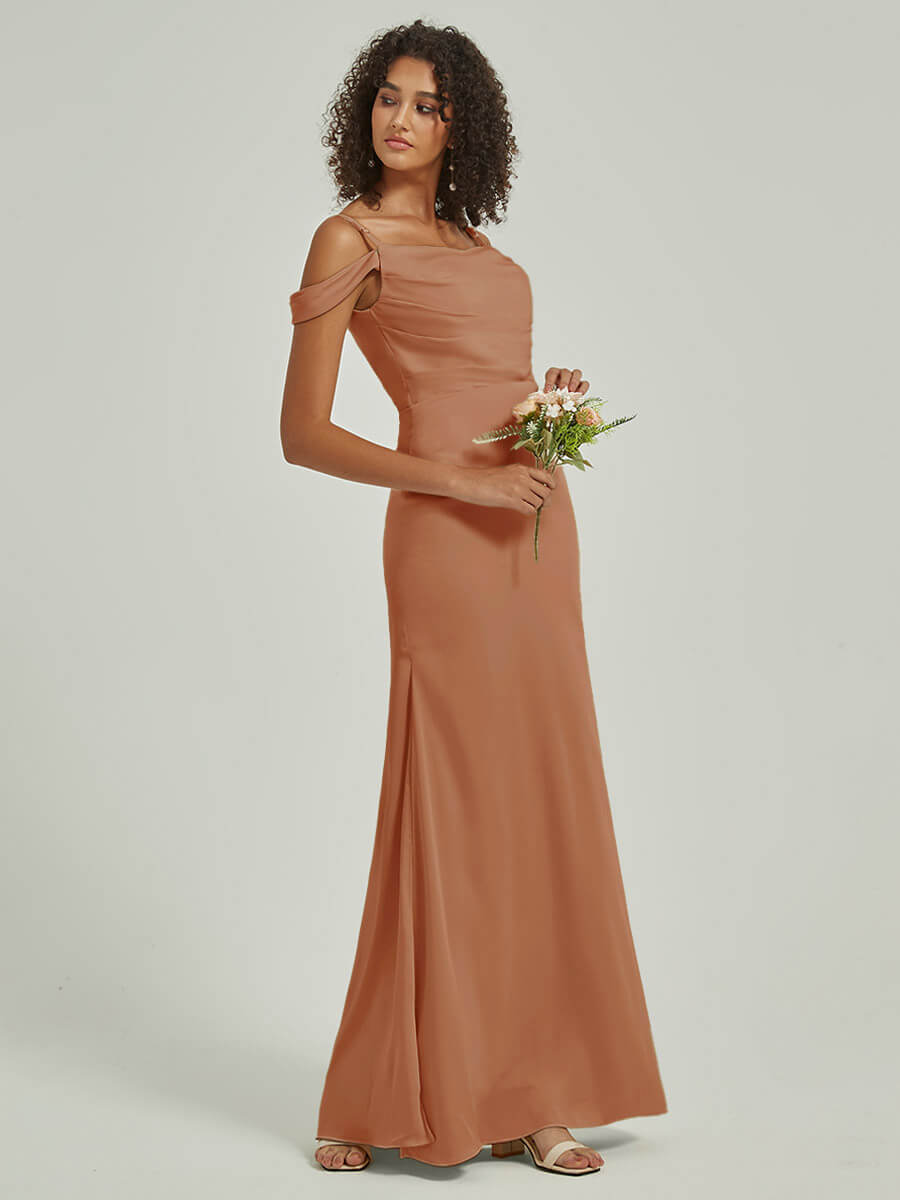 Elegant Bronzer Cowl Neck Strappy Side Slit Silk Satin Convertible Bridesmaid Dress for Weddings & Formal Events | Perfect for Bridal Party, Evening Gala & Special Occasions