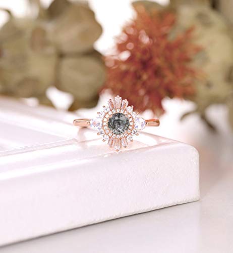Vintage Black Rutilated Quartz Engagement Ring - Art Deco Wedding Band with Pear Shape & Halo Setting, CZ/Diamond Eternity Bridal Ring for Women | Perfect for Weddings, Anniversaries, Birthdays & Everyday Elegant Wear