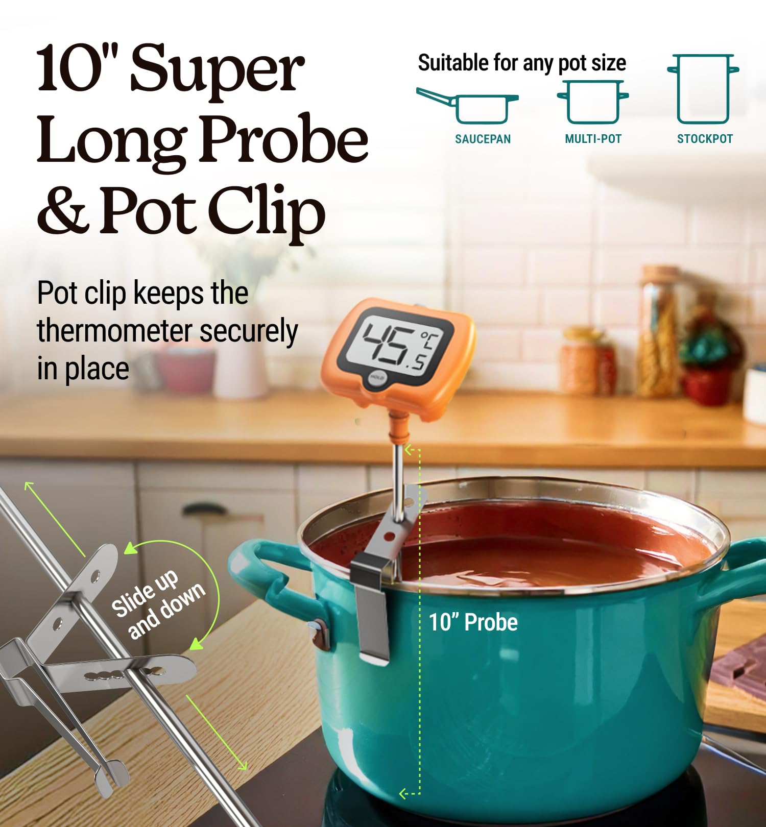 Digital Candy Thermometer with Pot Clip - Instant Read Kitchen Thermometer for Cooking, Baking & Candy Making - 10