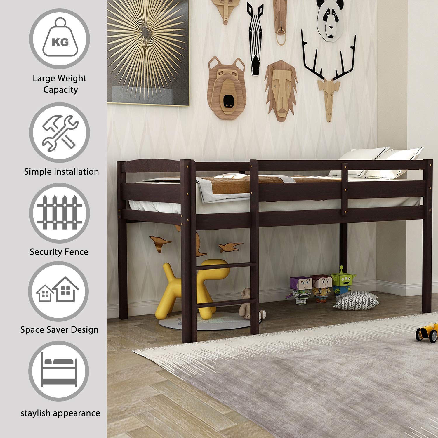 Harper & Bright Designs Low Loft Twin Wooden Bed Frame with Ladder - Sturdy Kids Bed for Boys & Girls in Espresso Finish - Perfect for Small Bedrooms & Kids' Room Decor