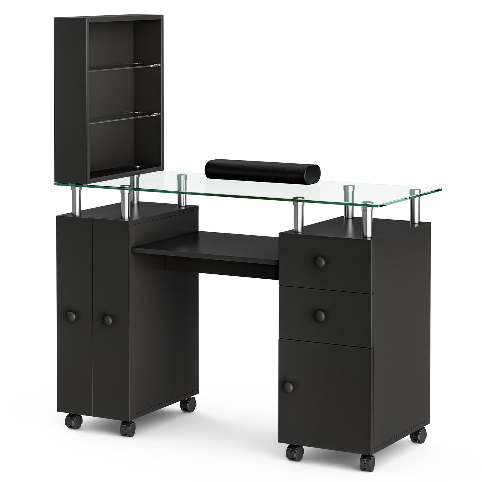 Professional Manicure Table with Tempered Glass Top - Acrylic Nail Tech Station with Storage Drawers, Open Shelves & Wrist Rest | Mobile Beauty Salon Furniture with Locking Wheels for Nail Artists & Home Use (Black) - Perfect for Nail Salons, Home Studios & Mobile Beauty Services
