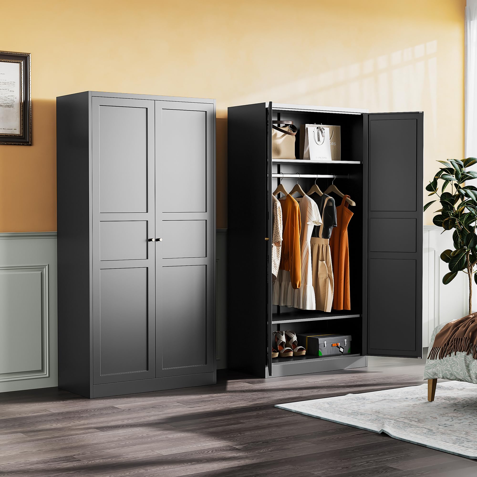 Black Metal Wardrobe Cabinet with Adjustable Shelves & Hanging Rod - 72
