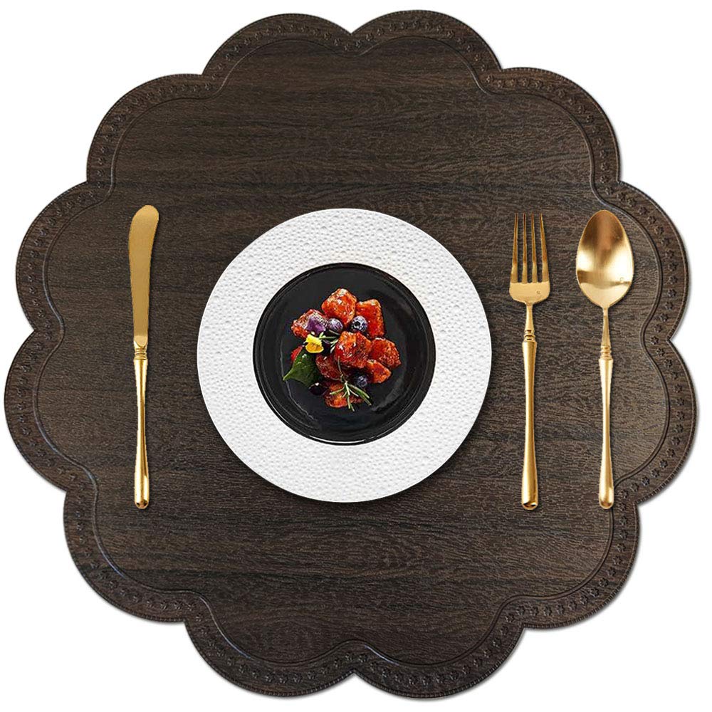 Modern Round Waterproof Placemats Set of 6 - Non-Slip Washable PU Table Mats for Dining Table, Kitchen & Home Decor (Wood Black) - Perfect for Everyday Meals, Dinner Parties & Spill Protection