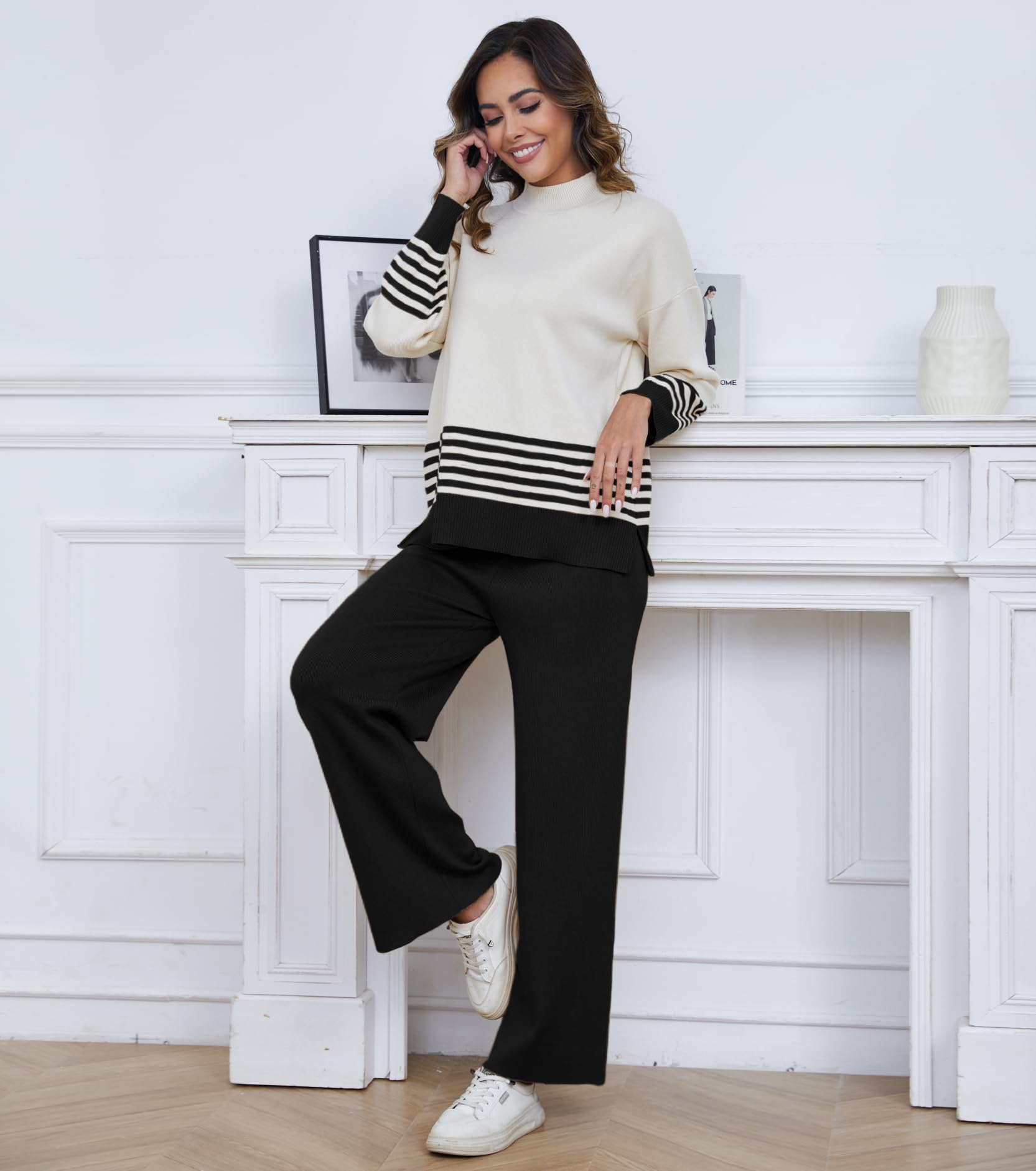 Women's Casual 2-Piece Sweater Set - Long Sleeve Striped Pullover & Wide Leg Pants Lounge Outfit | Soft Comfortable Matching Sets for Home, Office & Weekend Wear