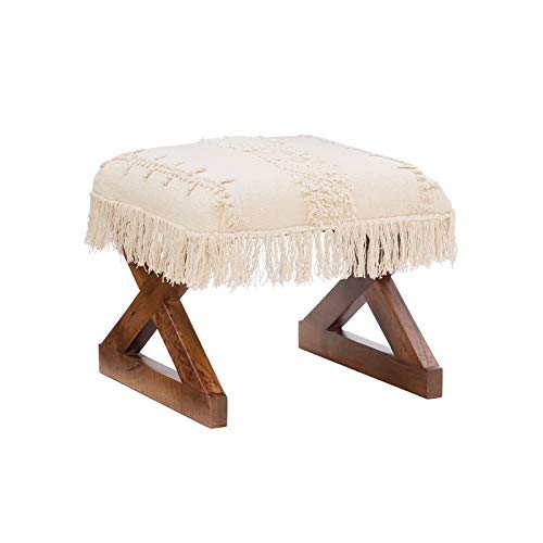 Powell Furniture Linon Remi Tassel Wood Upholstered Ottoman in Brown - Stylish Footrest & Storage Bench for Living Room, Bedroom or Home Office