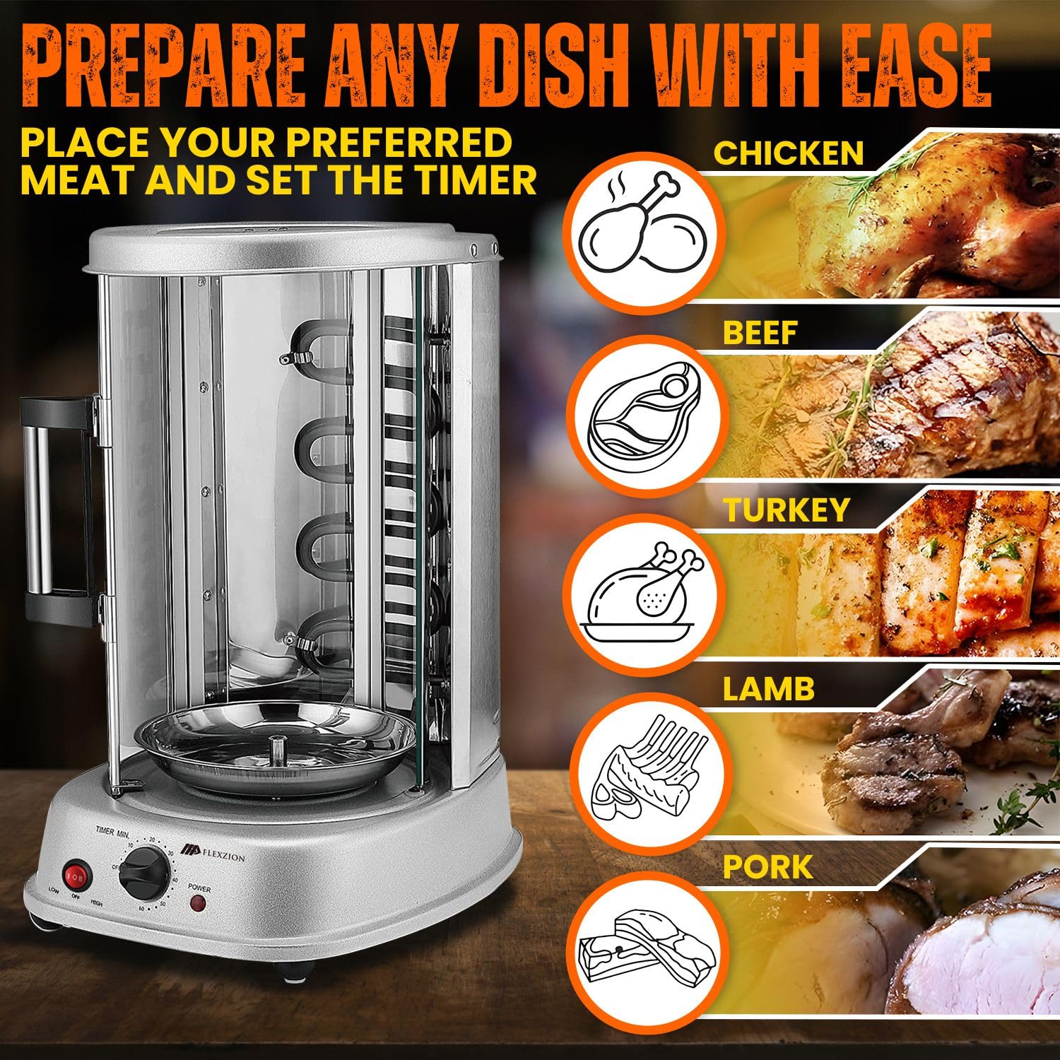 Flexzion Vertical Rotisserie Oven Grill - Electric Countertop Shawarma & Kebab Maker with Rotating Stainless Steel Roaster, Includes Bakeware & Skewers - Perfect for Home Kitchens, Restaurants, and Outdoor BBQ Parties