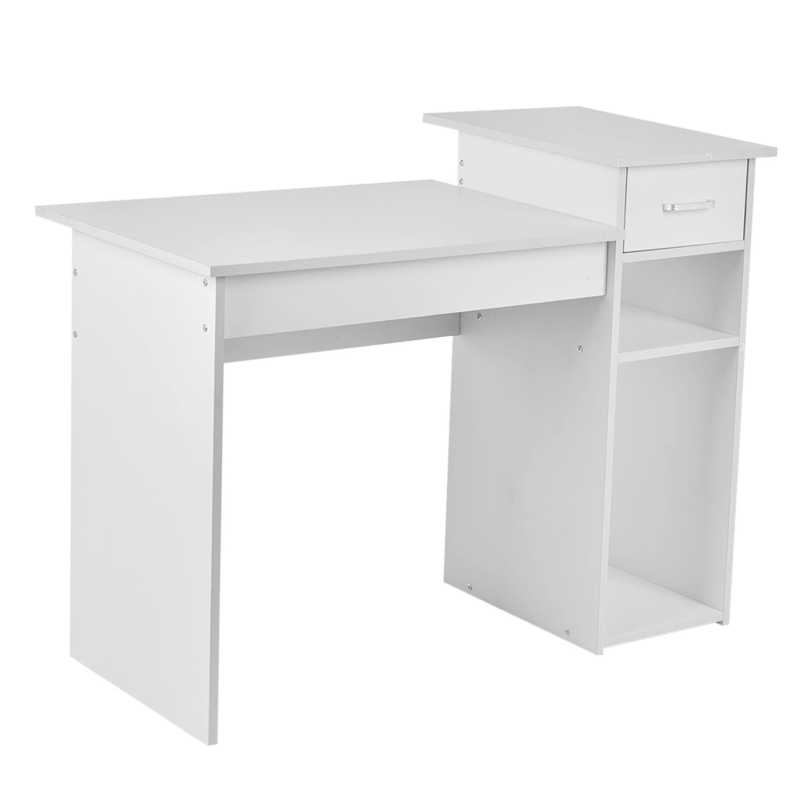 QINXIAO Compact Home Office Desk with Monitor Shelf & Storage Drawer - Space Saving Computer Desk for Small Spaces, Study Writing Table with Storage Shelves - Perfect for Dorm Rooms, Apartments & Home Offices (White)