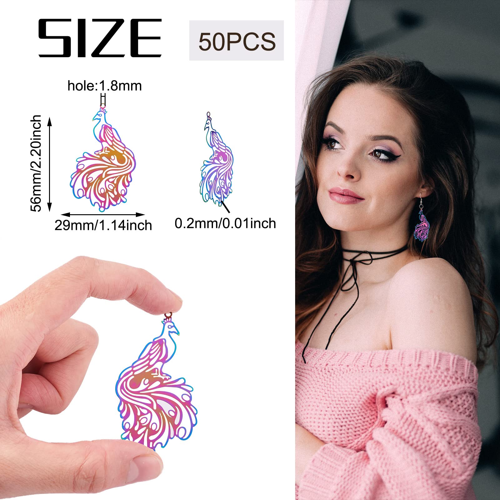 50Pcs Stainless Steel Phoenix Filigree Charms - Rainbow Etched Metal Embellishments for DIY Jewelry Making - Perfect for Necklaces, Bracelets, Earrings & Craft Projects