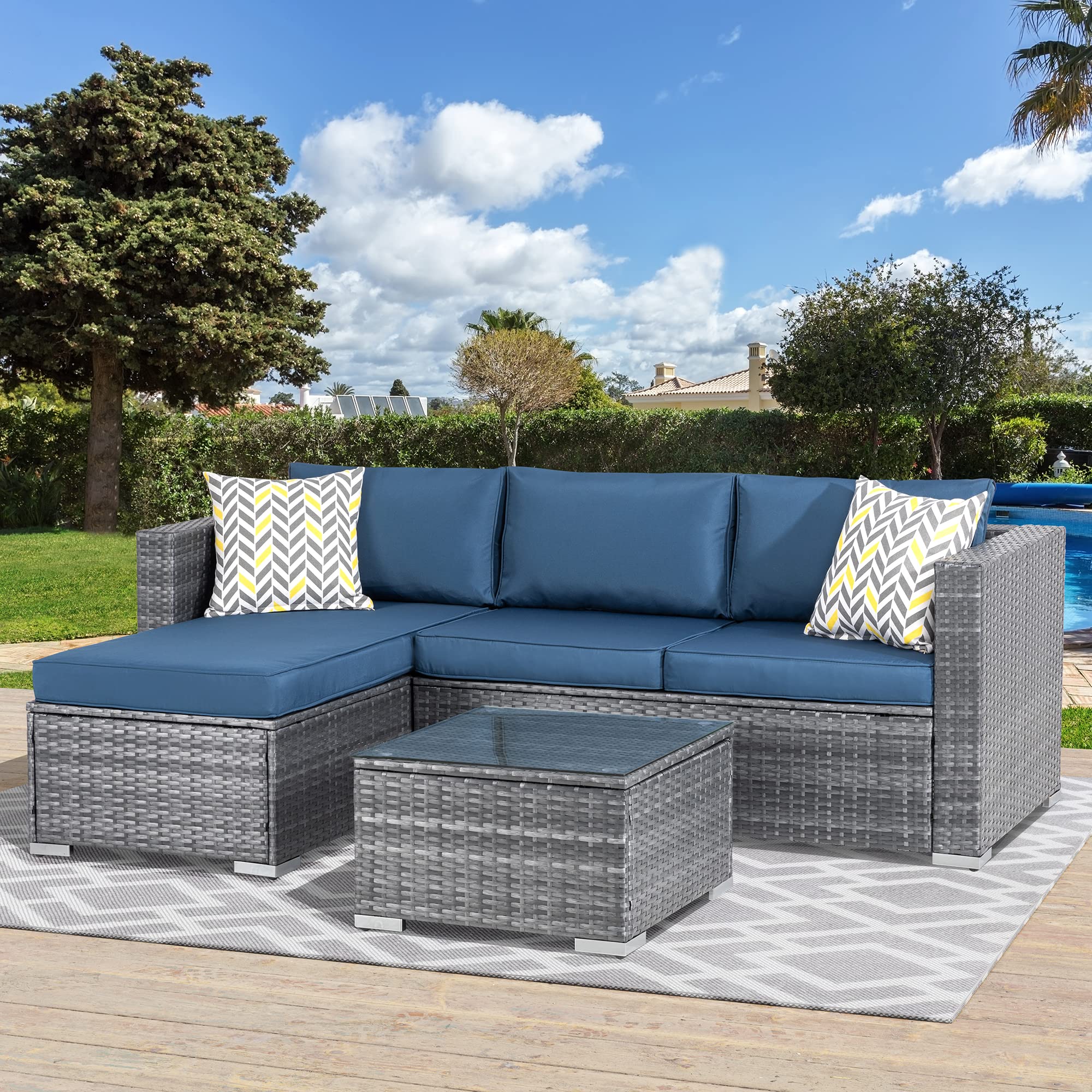 JAMFLY 3-Piece All-Weather Wicker Patio Furniture Set - Outdoor Sectional Sofa with Coffee Table & Cushions, Aegean Blue - Perfect for Backyard, Garden, Poolside & Patio Relaxation