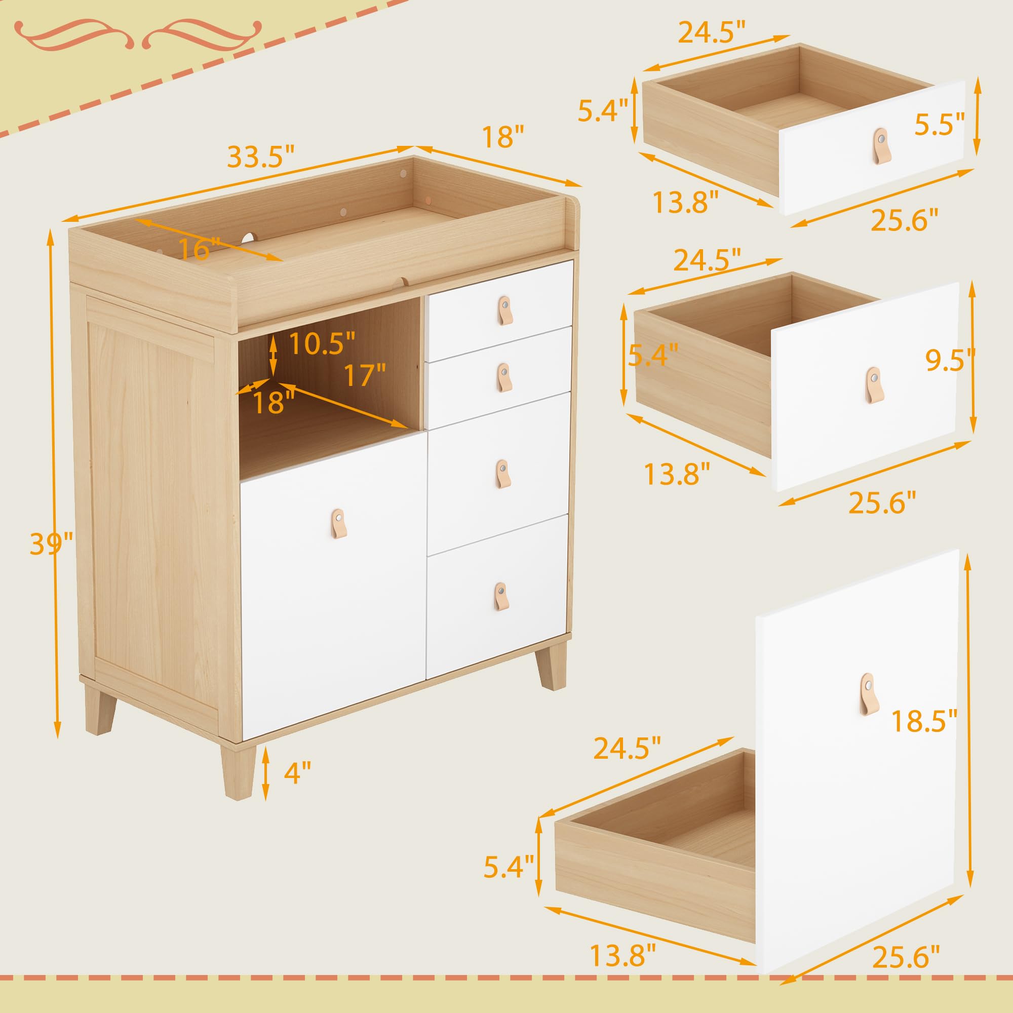 White Baby Changing Table with Drawers & Shelf - 33.5
