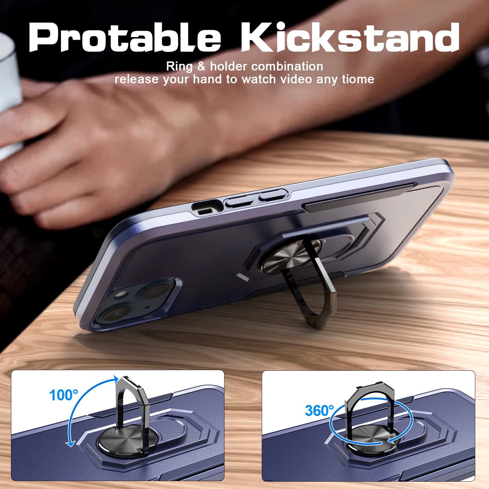 Premium Shockproof iPhone 13 Case with Tempered Glass Screen Protector & Magnetic Kickstand | Slim Hybrid Protective Cover with Car Mount Ring | Blue | Perfect for Daily Use, Travel & Hands-Free Viewing