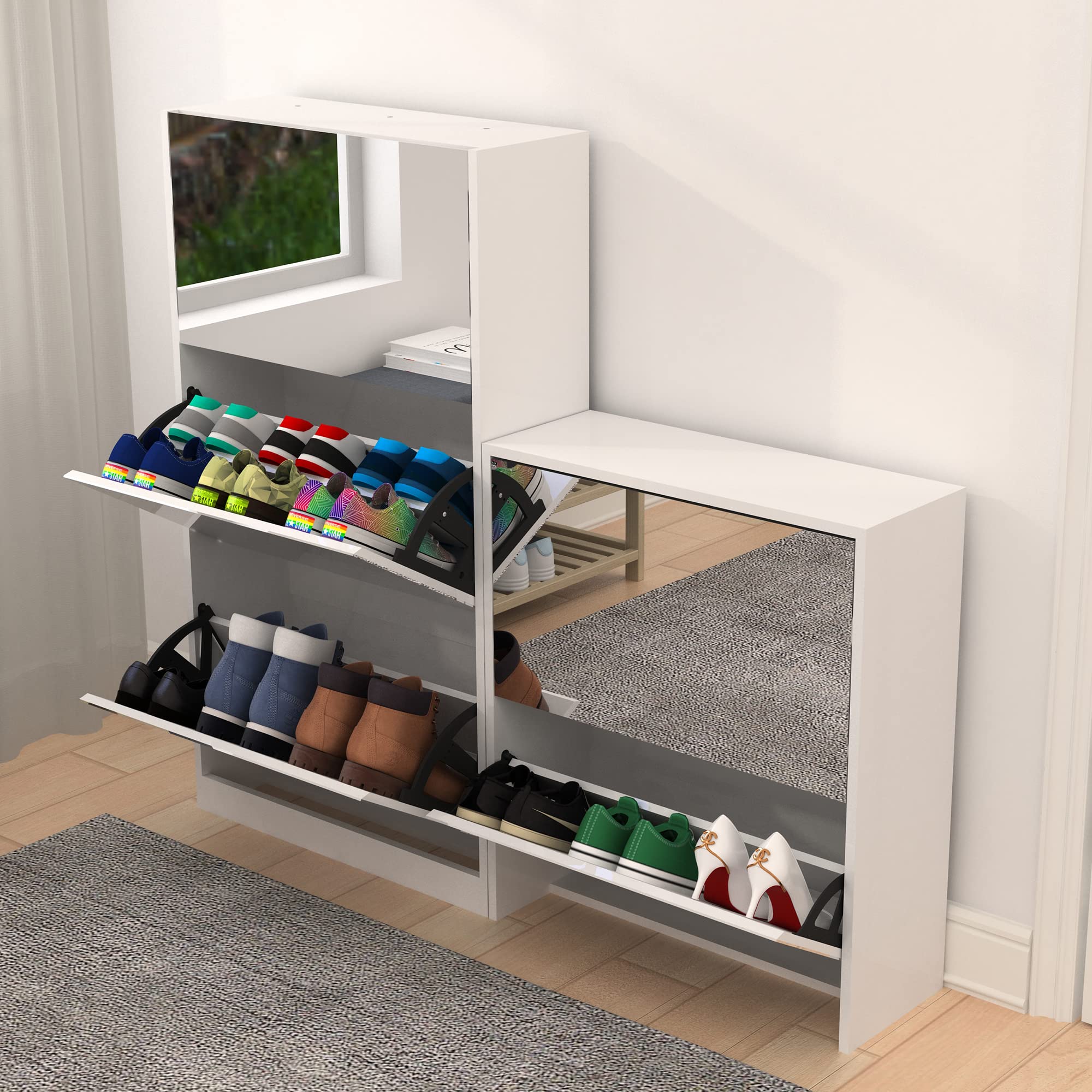 GLS Floor Standing Full Length Mirror Shoe Cabinet - 5 Tier Closet Shoe Organizer for Living Room, Bedroom & Entryway - White - Space Saving Storage Solution for Shoes, Hats & Accessories