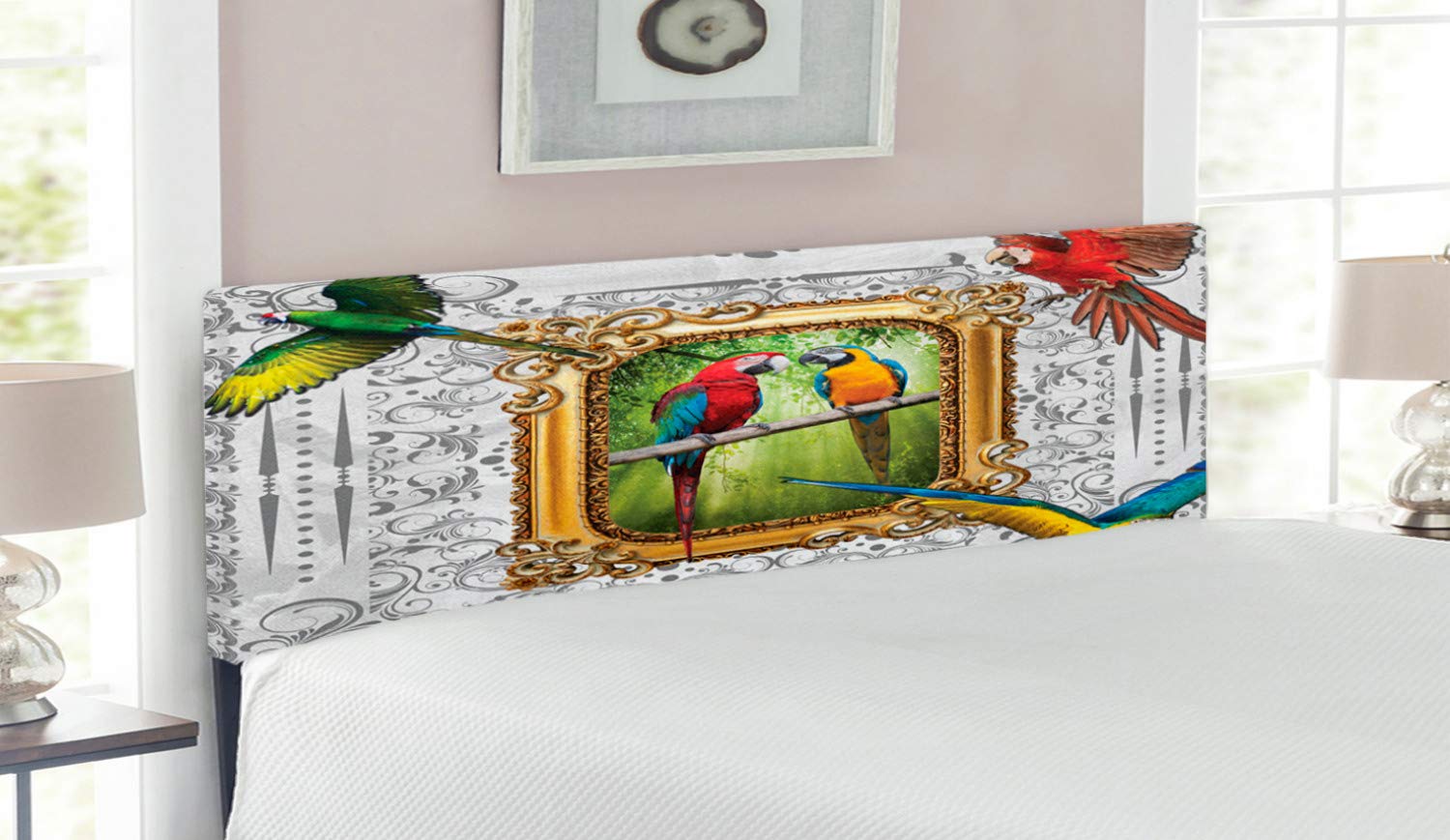 Ambesonne Queen Size Upholstered Metal Bed Headboard with Memory Foam - Colorful Parrot & Branch Design in Classic Antique Frame | Exotic Bird Themed Bedroom Decor for Tropical & Bohemian Style Bedrooms