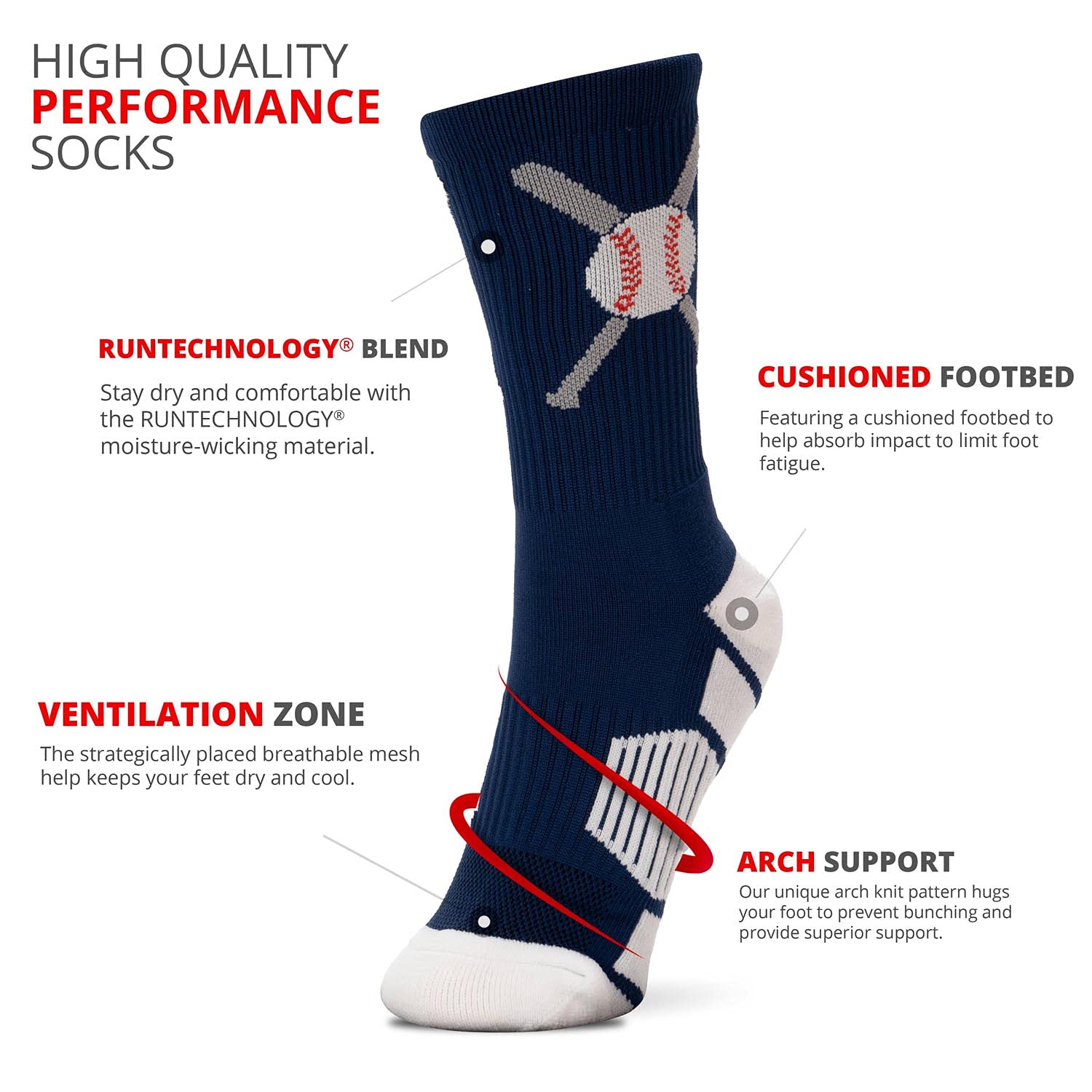 ChalkTalkSPORTS Baseball Performance Crew Socks with Crossed Bats Design - Moisture-Wicking & Cushioned for Youth & Adult Players - Mid-Calf Baseball Socks for Training, Games & Everyday Wear