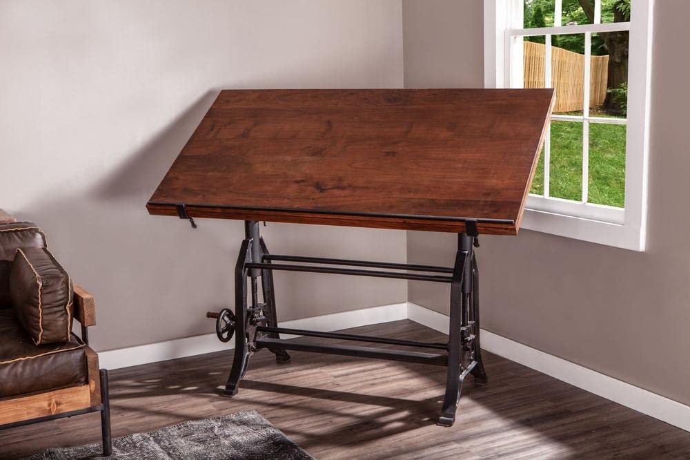 Wellington Industrial Vintage Drafting Table - Adjustable Artist Desk & Standing Desk with Reclaimed Teak Wood Top, Iron Cast Base & Tilt Function | Perfect for Home Office, Art Studio & Architectural Workspace