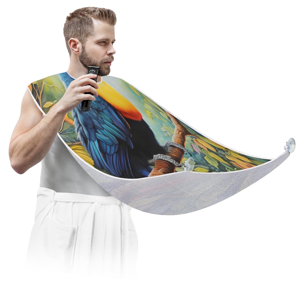 Parrot Leaves Summer Beard Shaving Bib for Men - Waterproof Barber Cape for Haircuts, Beard Trimming & Hair Dye - Sink Hair Catcher & Grooming Accessory - Perfect for Home Salon, Barber Shops & DIY Haircuts