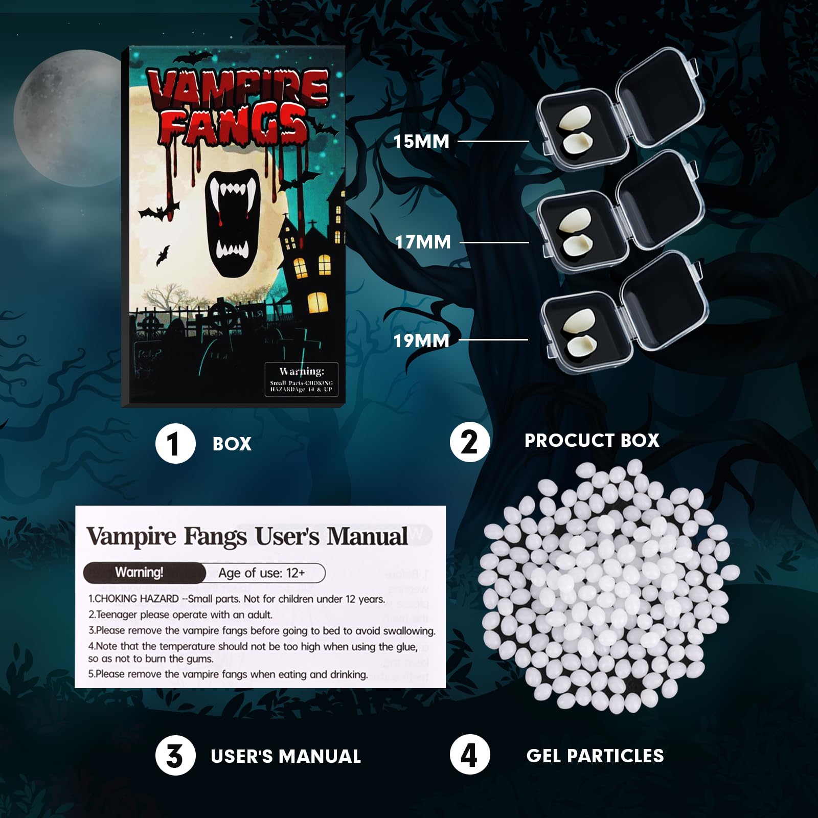 BLUECOW Vampire Teeth for Adults - 3 Pairs (15mm, 17mm, 19mm) Fake Fangs - Perfect for Halloween Costumes, Cosplay, and Horror Parties