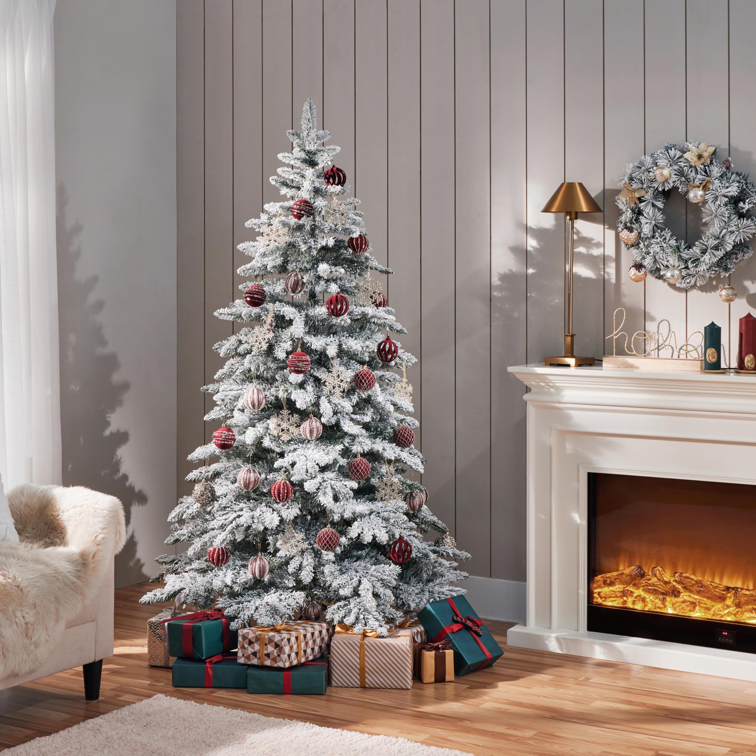 Yaheetech 6ft Pre-Lit Artificial Christmas Tree with 400 Warm White LED Lights & 940 PVC Tips, Hinged Snow Flocked Xmas Tree with Foldable Stand & Protective Foot Caps - Perfect for Home, Office, and Holiday Decorations