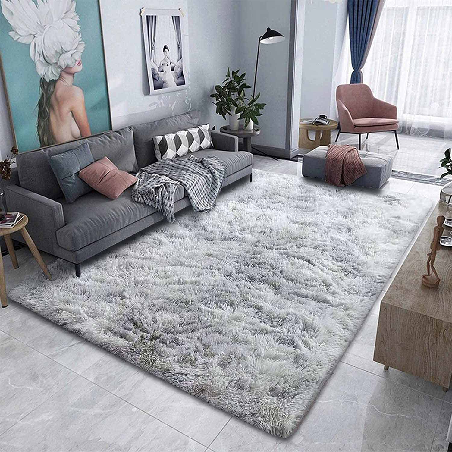 Kinganda Soft Shaggy Area Rugs - Non-Slip Fluffy Large Washable Carpet for Bedroom, Living Room, Nursery & Kids Room (Grey White, 6.5'×8.2'/200×250 cm) - Cozy Home Decor, Perfect for Floor Protection & Comfortable Play Area