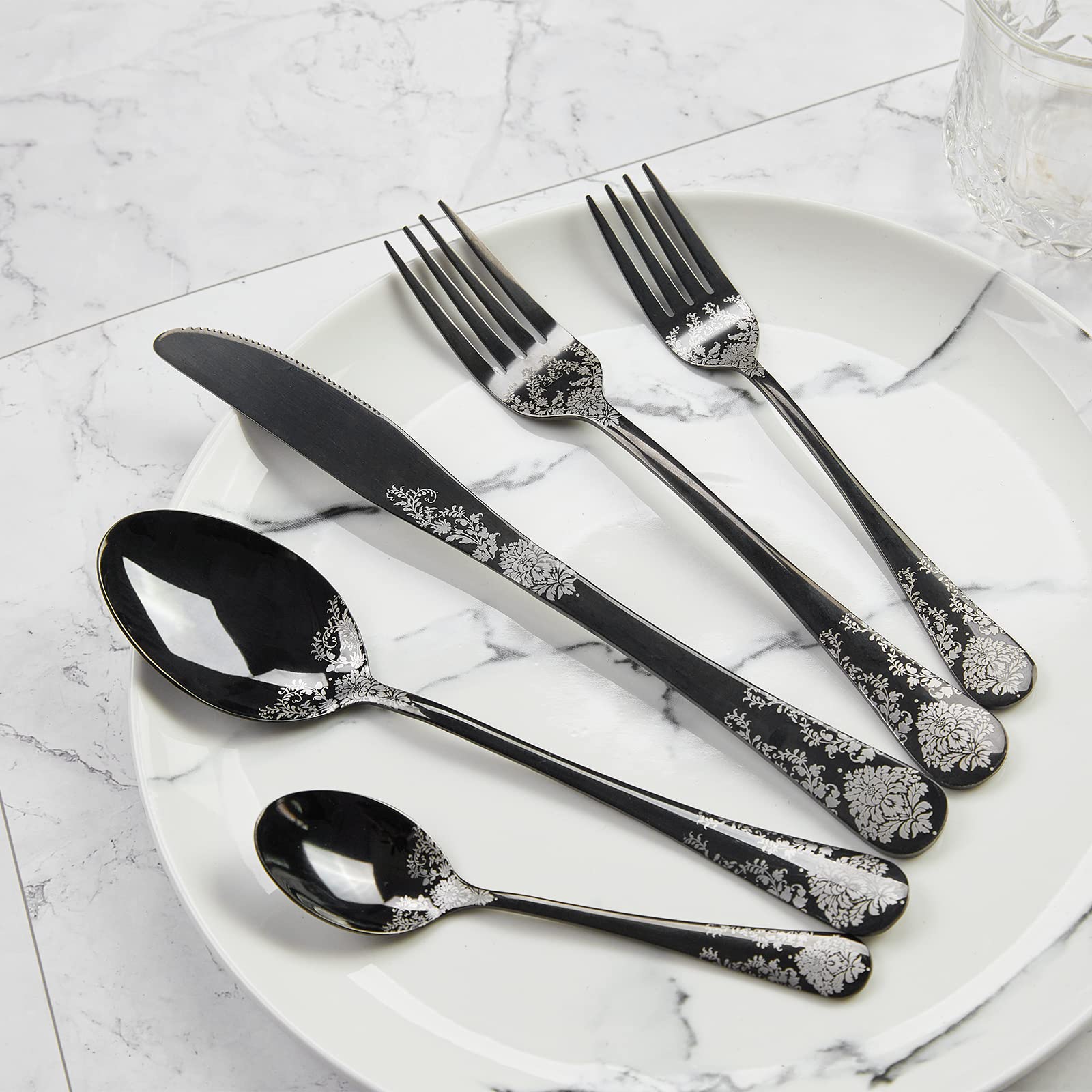 20-Piece Stainless Steel Flatware Set - Black Silverware Cutlery Set with Flower Pattern Handle for 4 People, Mirror Polished Kitchen Utensils for Dining, Parties, and Everyday Use