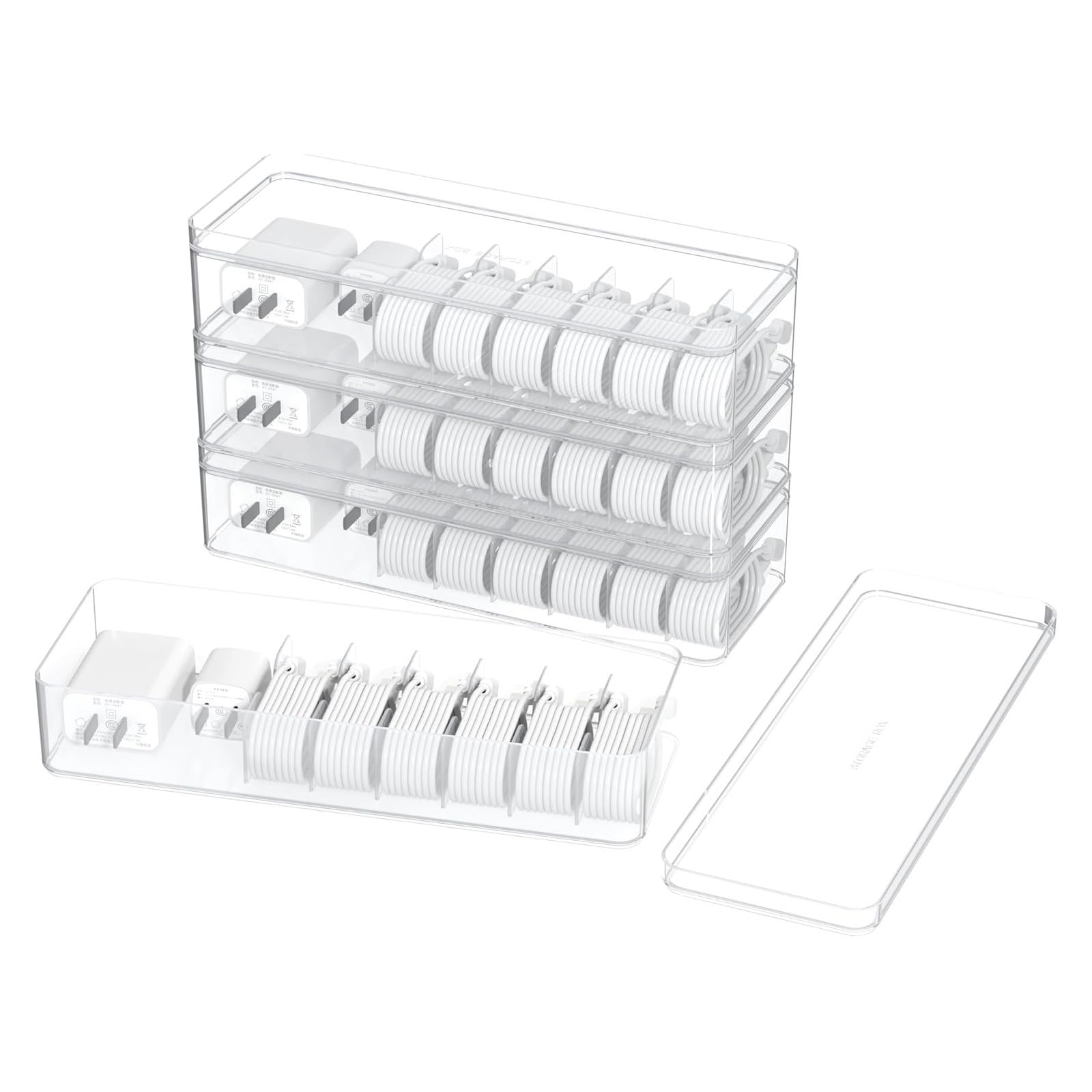 Clear Plastic Divided Organizer Box with Lid - 4 Pack Compact Storage for Desktop Cables, Jewelry, Stationery & Small Parts | Perfect for Home, Office & Craft Organization