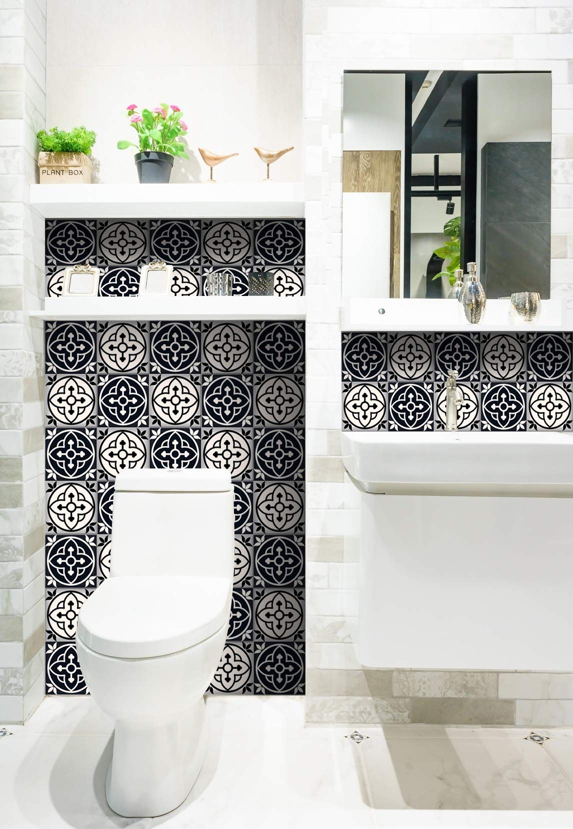 Mi Alma Black and White Peel and Stick Tile Stickers - 24 PC Set of 6x6 Inch Vinyl Wall Decals for Kitchen Backsplash & Bathroom Decor - Easy DIY Home Renovation (Stars Design) - Perfect for Renters, Apartments, and Quick Home Makeovers