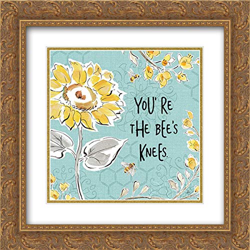 Brissonnet Daphne 15x15 Gold Ornate Framed Double Matted Museum Art Print 'Bee Happy II' Linen Wall Decor - Perfect for Living Room, Bedroom & Office