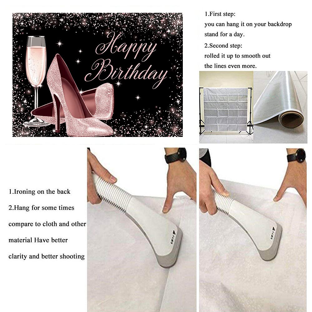Rose Gold Glitter Happy Birthday Backdrop with High Heels & Champagne Glass - 7x5ft Photography Background for Women's Birthday Party Decor, Photo Booth Props | Perfect for Adult Birthday Celebrations, Bridal Showers & Bachelorette Parties