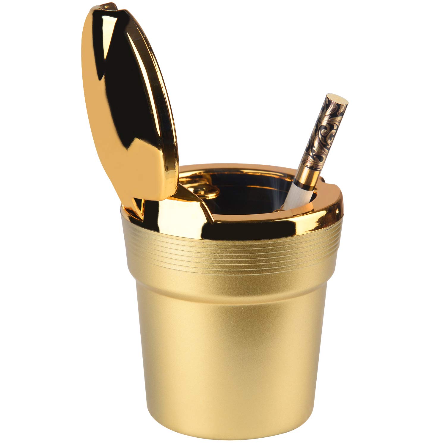Portable Car Ashtray with Lid & Blue LED Light - Leakproof Cup Holder Ashtray for Cars (Gold) | Ideal for Road Trips, Commuting & Smokers On-The-Go